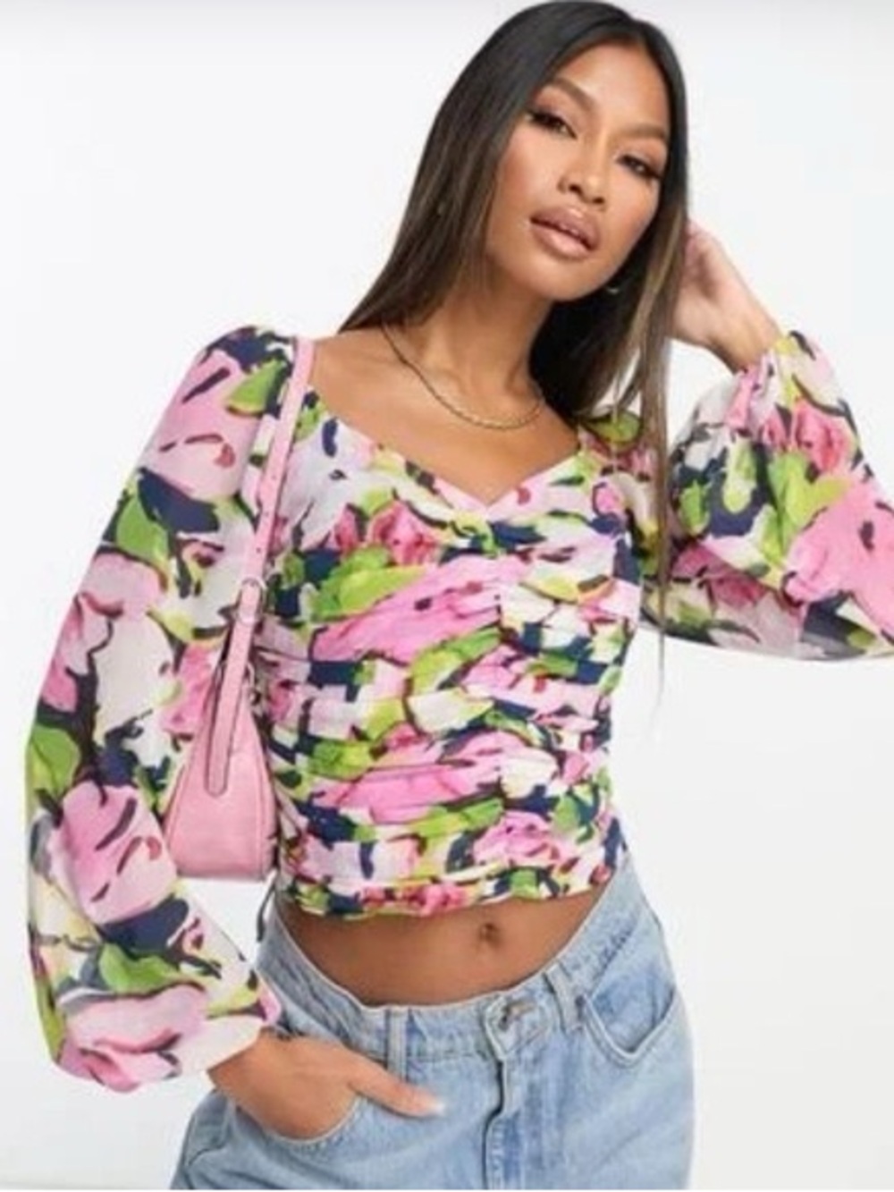 Abercrombie & Fitch Pink Floral Ruched Puff-Sleeve Crop Top